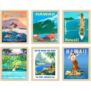 ALAYRA Hawaii Room Decor - Vintage Hawaiian Art Wall Decor, Surf Poster, Surfing Pictures Wall Art, Retro Hawaii Posters, Summer Tropical Beach Hawaiian Island Print for Bedroom (7x10 UNFRAMED) 01