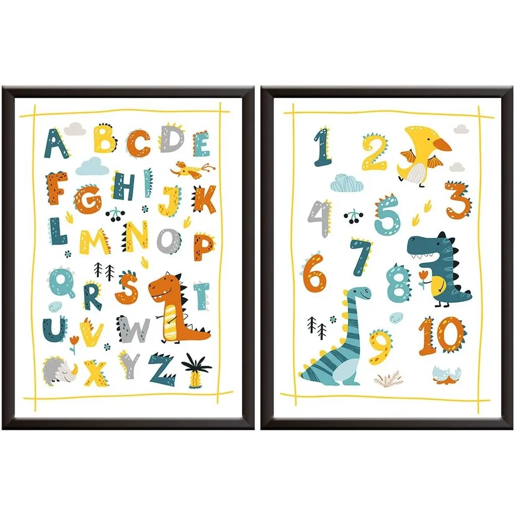 ALAYRA Hey Chimp A4 Dinosaur Posters & Alphabet Chart - Little Boys Learning Numbers & Letters - ABC Posters - Cute Dinosaur Bedroom Accessories & Educational Posters for Toddlers. Unframed 01