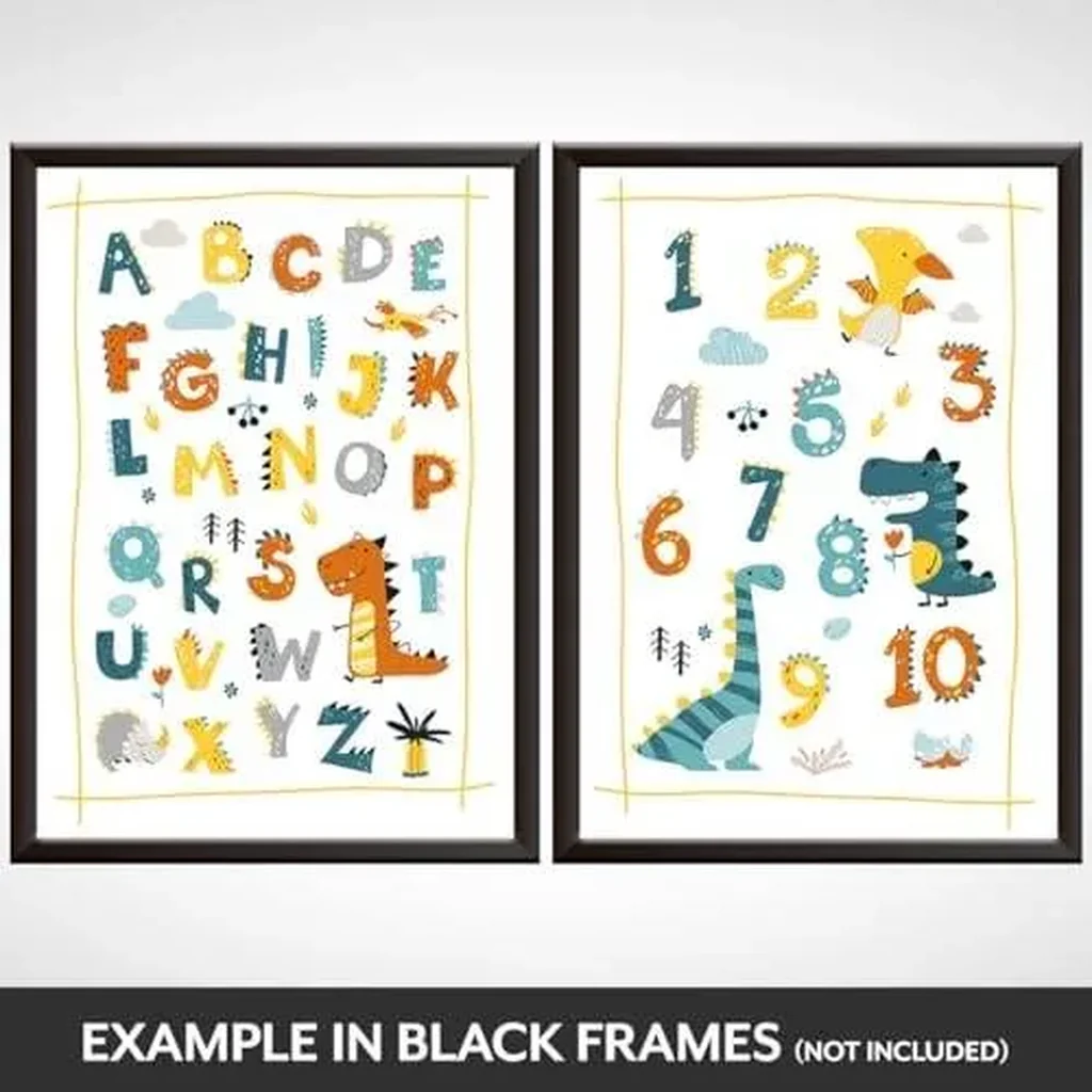 ALAYRA Hey Chimp A4 Dinosaur Posters & Alphabet Chart - Little Boys Learning Numbers & Letters - ABC Posters - Cute Dinosaur Bedroom Accessories & Educational Posters for Toddlers. Unframed 01 - Image 2