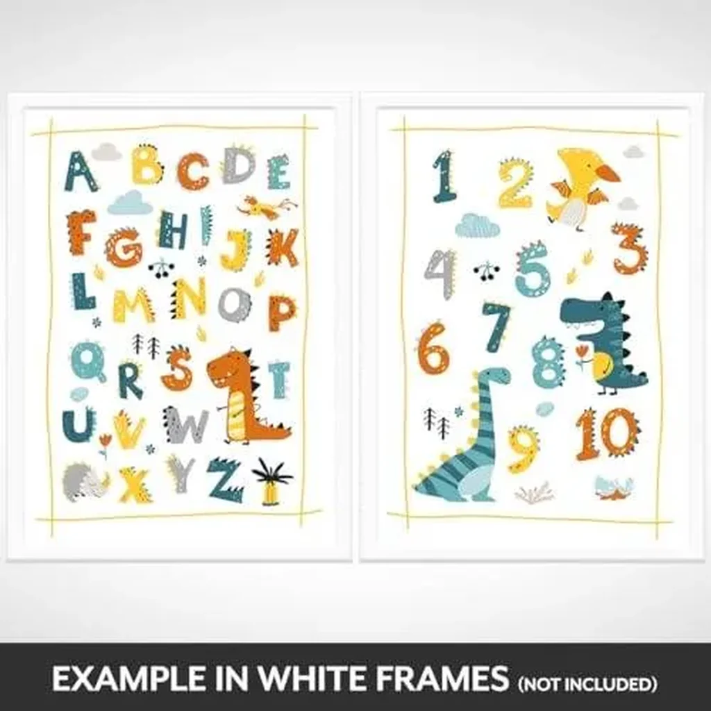 ALAYRA Hey Chimp A4 Dinosaur Posters & Alphabet Chart - Little Boys Learning Numbers & Letters - ABC Posters - Cute Dinosaur Bedroom Accessories & Educational Posters for Toddlers. Unframed 01 - Image 3