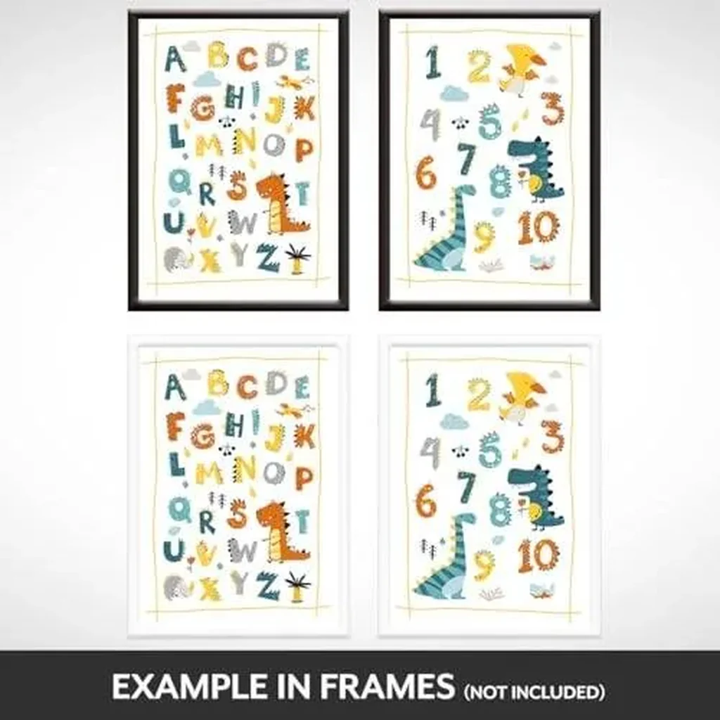 ALAYRA Hey Chimp A4 Dinosaur Posters & Alphabet Chart - Little Boys Learning Numbers & Letters - ABC Posters - Cute Dinosaur Bedroom Accessories & Educational Posters for Toddlers. Unframed 01 - Image 4