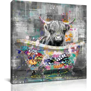 ALAYRA Highland Cow Bathroom Wall Art Large Banksy Graffiti Canvas Wall Art Black and White Wall Art Ready to Hang Size 30W x 30H 01