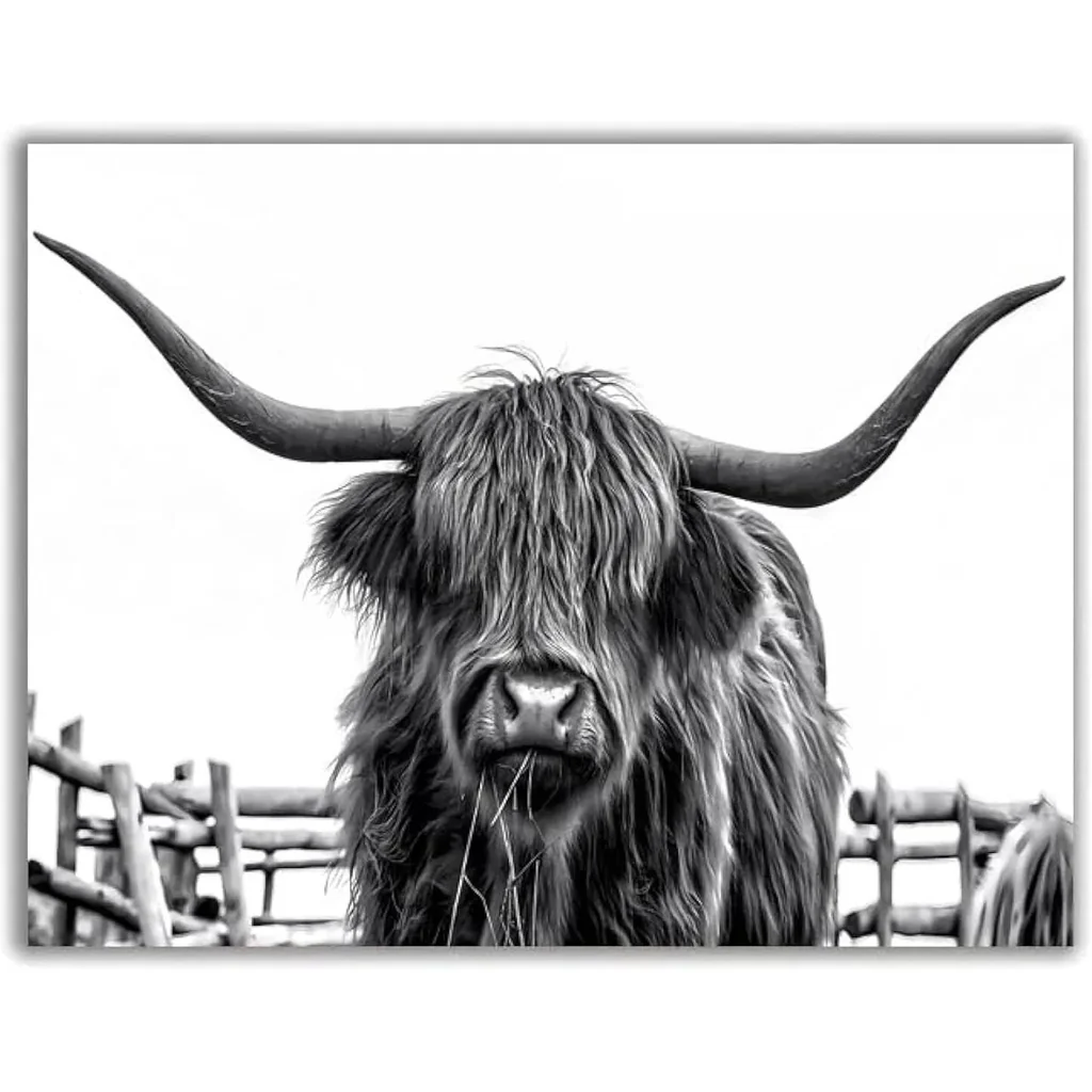 ALAYRA Highland Cow Canvas Wall Art, Highland Cow Wall Art Canvas Printings, Black and White Animal Canvas Picture Framed Art Wall Decor, Rural farmhouse living room and bedroom decoration (16"x12" Un