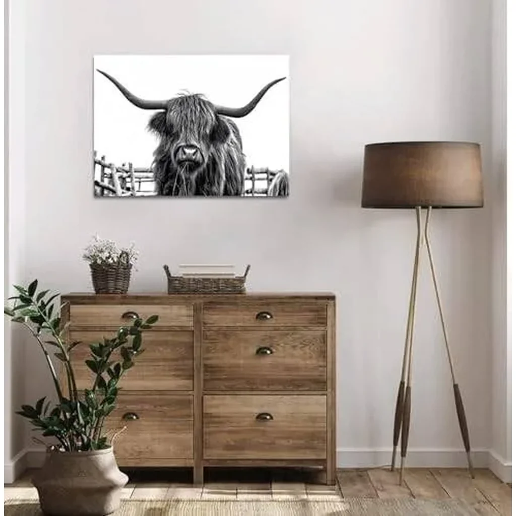 ALAYRA Highland Cow Canvas Wall Art, Highland Cow Wall Art Canvas Printings, Black and White Animal Canvas Picture Framed Art Wall Decor, Rural farmhouse living room and bedroom decoration (16"x12" Un - Image 2