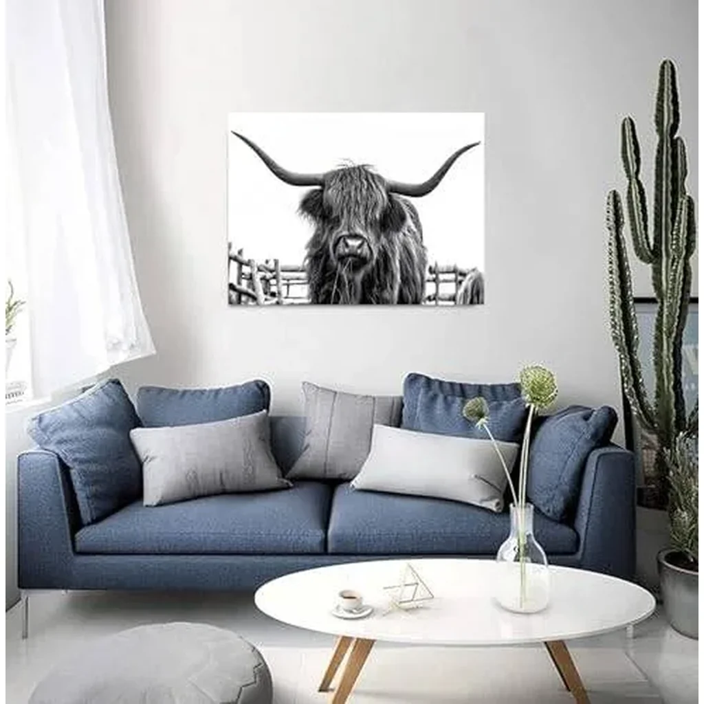 ALAYRA Highland Cow Canvas Wall Art, Highland Cow Wall Art Canvas Printings, Black and White Animal Canvas Picture Framed Art Wall Decor, Rural farmhouse living room and bedroom decoration (16"x12" Un - Image 3