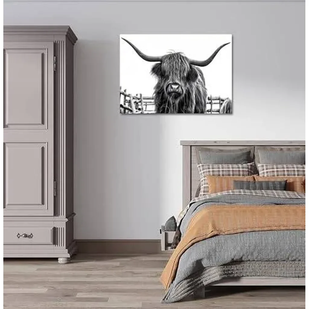 ALAYRA Highland Cow Canvas Wall Art, Highland Cow Wall Art Canvas Printings, Black and White Animal Canvas Picture Framed Art Wall Decor, Rural farmhouse living room and bedroom decoration (16"x12" Un - Image 4