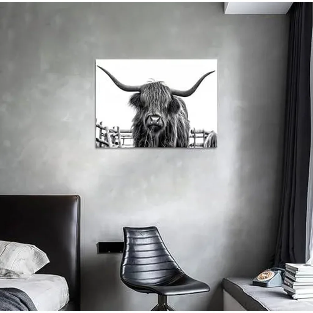 ALAYRA Highland Cow Canvas Wall Art, Highland Cow Wall Art Canvas Printings, Black and White Animal Canvas Picture Framed Art Wall Decor, Rural farmhouse living room and bedroom decoration (16"x12" Un - Image 5