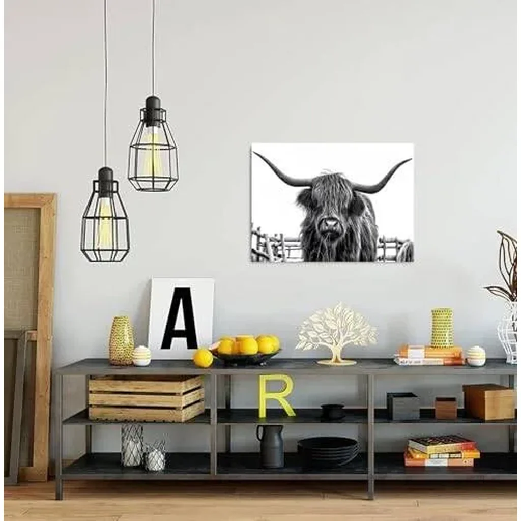 ALAYRA Highland Cow Canvas Wall Art, Highland Cow Wall Art Canvas Printings, Black and White Animal Canvas Picture Framed Art Wall Decor, Rural farmhouse living room and bedroom decoration (16"x12" Un - Image 6