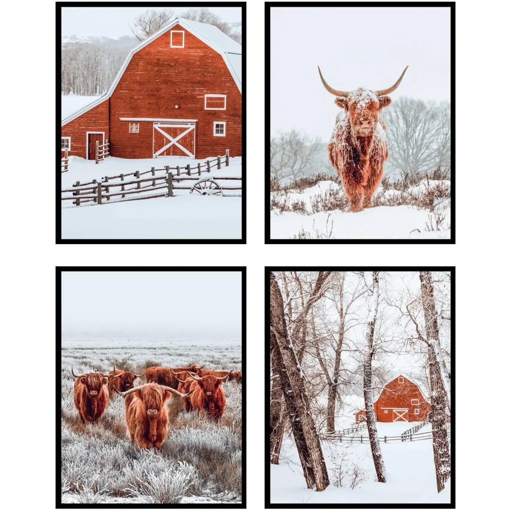 ALAYRA Highland Cow Decor Posters, Farmhouse Bathroom Decor, Farmhouse Wall Art, Highland Cow Wall Art - Unframed Set of 4 (8x10) 01
