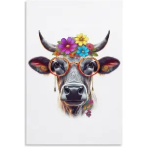 ALAYRA Highland Cow Poster Wearing Sunglasses and Flowers Canvas Wall Art Animal Picture for Nursery Farmhouse Kitchen Room (16x24inch-Unframe, 4-Happy cow) 01
