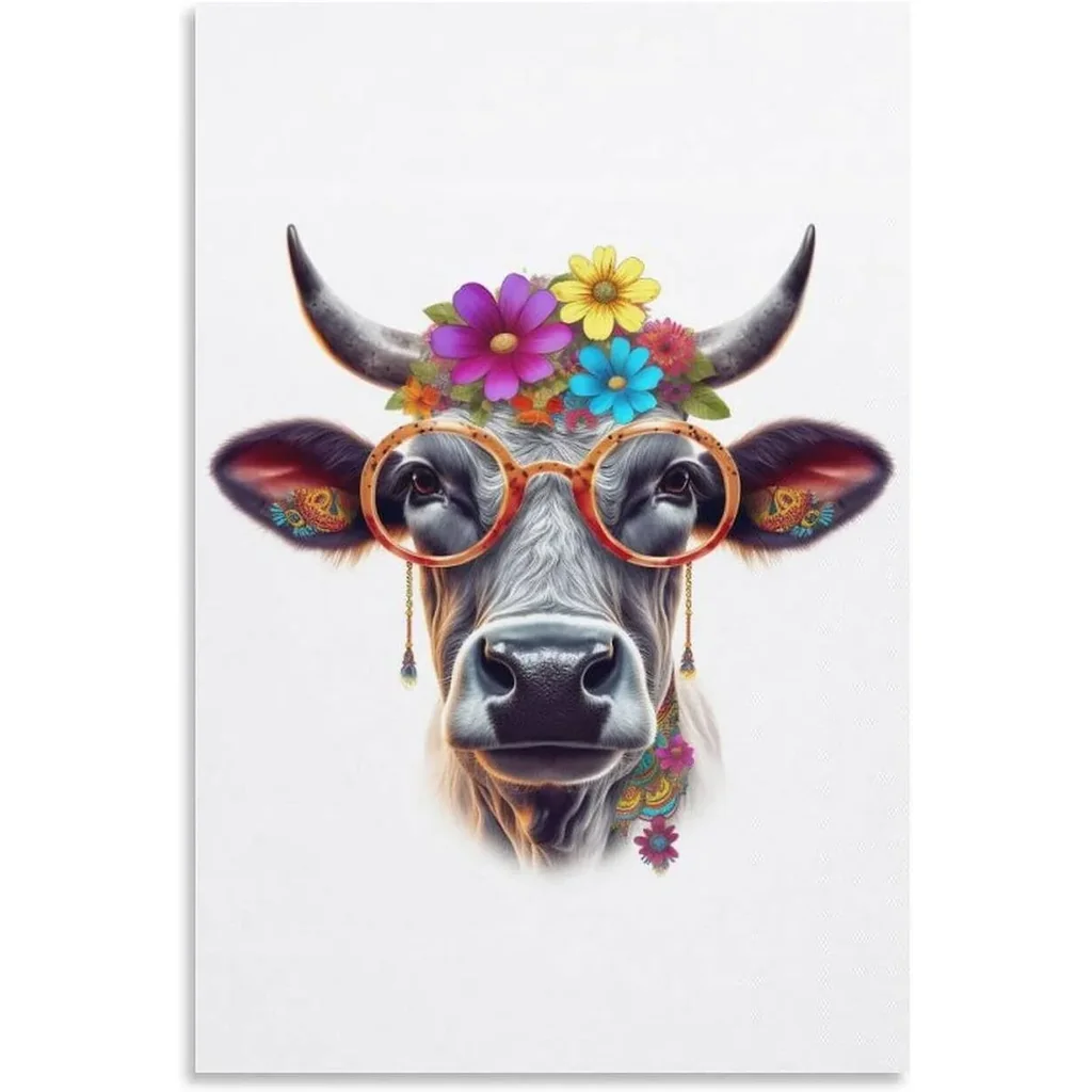 ALAYRA Highland Cow Poster Wearing Sunglasses and Flowers Canvas Wall Art Animal Picture for Nursery Farmhouse Kitchen Room (16x24inch-Unframe, 4-Happy cow) 01 - Image 3