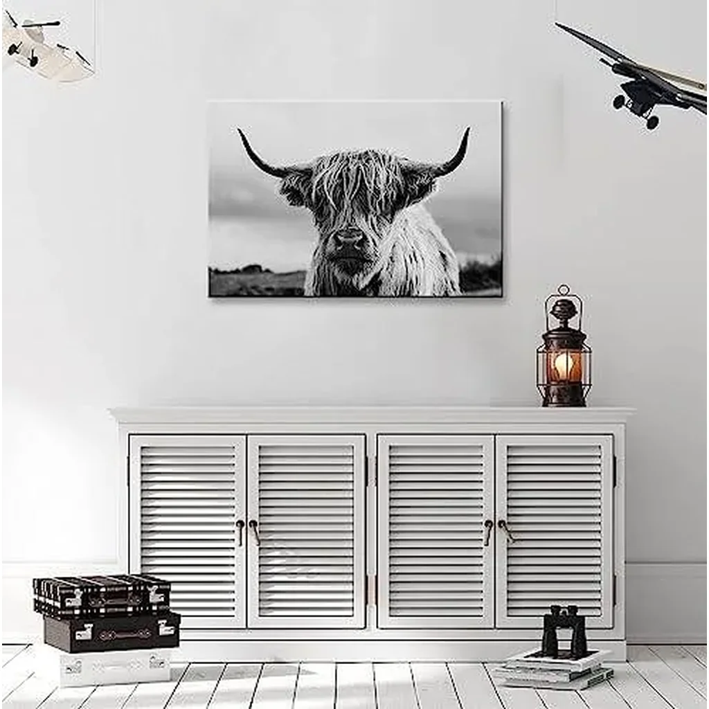 ALAYRA Highland Cow Wall Art Canvas Print Black and White Animal Canvas Picture Framed Art Wall Decor for Bedroom Bathroom (12x16 inch) 01 - Image 4