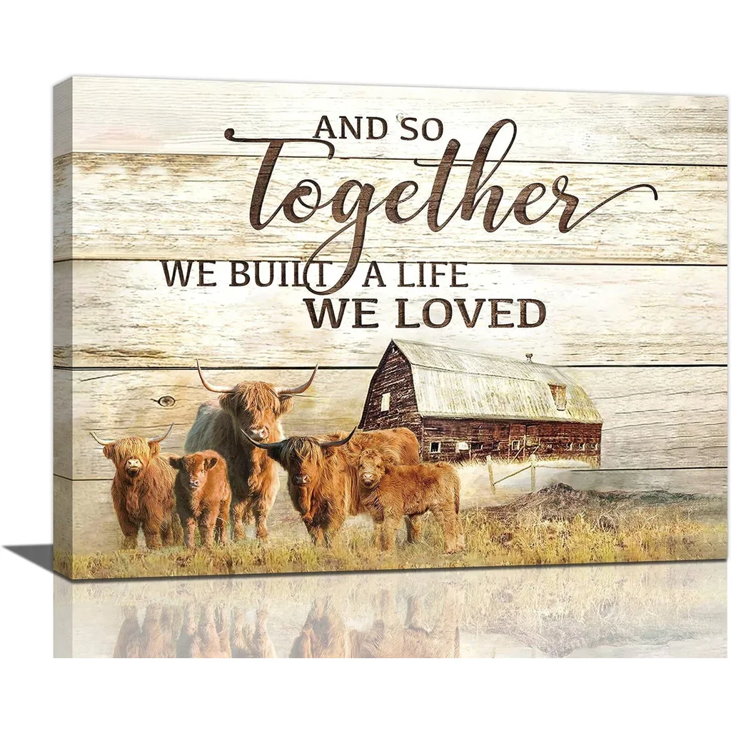 ALAYRA Highland Cow Wall Art Western Highland Pictures Decor Farmhouse Old Barn Canvas Prints Rustic Country Painting Modern Artwork Home Decoration for Bedroom Bathroom Living Room 16''x12'' 01
