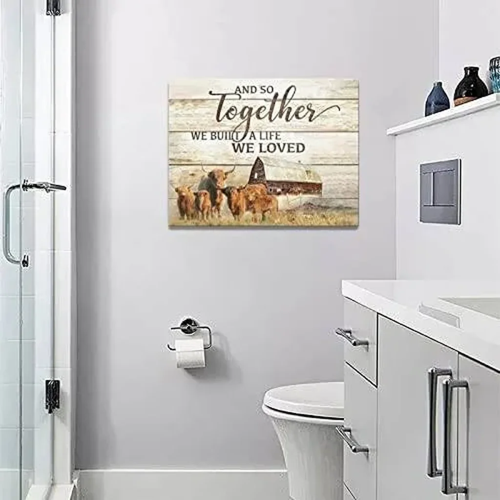 ALAYRA Highland Cow Wall Art Western Highland Pictures Decor Farmhouse Old Barn Canvas Prints Rustic Country Painting Modern Artwork Home Decoration for Bedroom Bathroom Living Room 16''x12'' 01 - Image 4