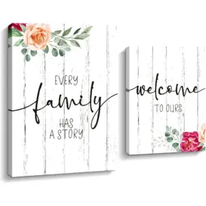 ALAYRA Home Family Wall Decor, 2 Panel Family Quote Canvas Wall Art Welcome Home Flower Sign Paintings for Bedroom Home Living Room Decor Plaque Poster, Ready To Hang (White-C, 12x15+8.6x11 inch) 01