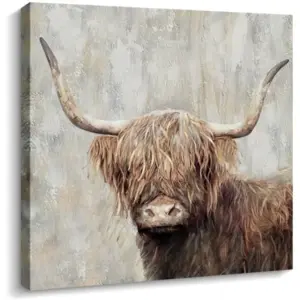 ALAYRA Home Highland Cow Wall Decor Farmhouse Canvas Wall Art Picture Painting Wall Artwork Framed Country Home Decor for Living Room Bathroom Bedroom Kitchen Office (White - Bull 01, 12 x 12 inch) 01