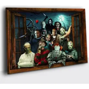 ALAYRA Horror Characters Window Movie Posters Halloween Gifts Modern Horror Canvas Poster Decorative Painting on Canvas Wall Decor for Living Room Bedroom (12x18in(30x45cm), Frame, h-4) 01