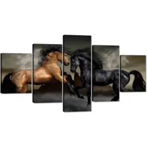 ALAYRA Horses Posters and Prints Modern Landscape Painting Pictures Wall Art for Living Room, Home Decor Gallery-Wrapped Canvas Art 5 Piece Set Framed Ready to Hang (60''W x 32''H) 01