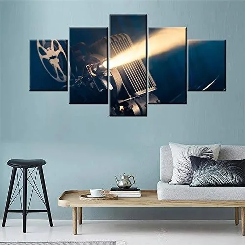 ALAYRA House Decorations Living Room Old Style Movie Projector Pictures Dramatic Lighting Paintings Multi Panel Prints Wall Art on Canvas Modern Artwork Framed Gallery-Wrapped Ready to Hang(60''Wx32'' - Image 2
