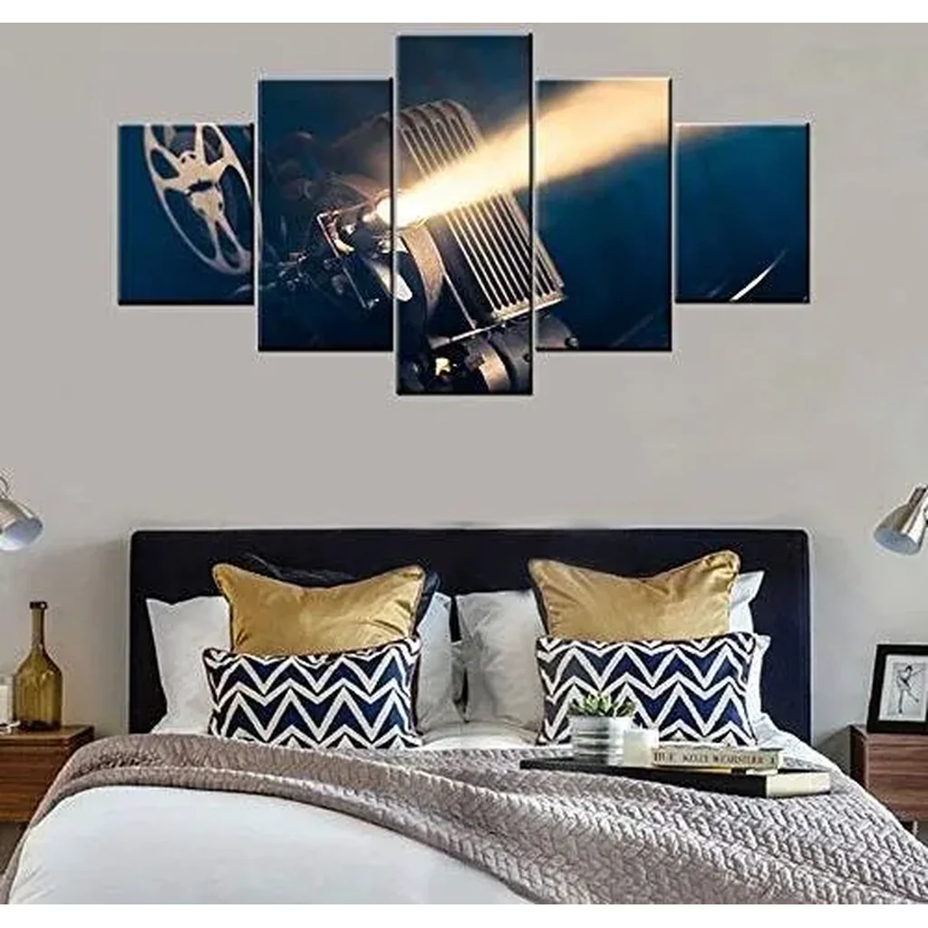 ALAYRA House Decorations Living Room Old Style Movie Projector Pictures Dramatic Lighting Paintings Multi Panel Prints Wall Art on Canvas Modern Artwork Framed Gallery-Wrapped Ready to Hang(60''Wx32'' - Image 3