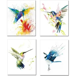 ALAYRA Hummingbirds Wall Art Prints, Abstract Birds Painting Decor Canvas Print Poster for Living Room Bedroom Office Decor, Set of 4(8"x10")Unframed 01