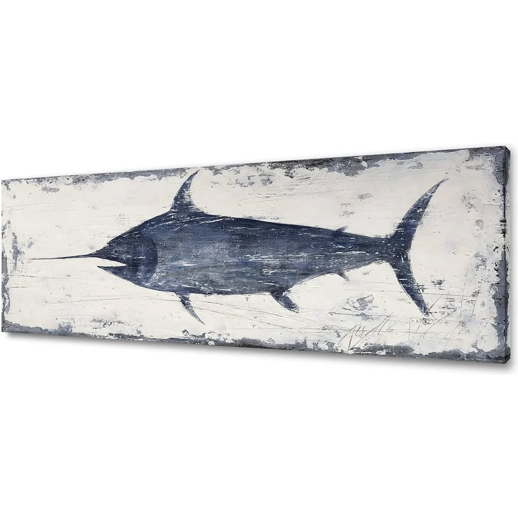 ALAYRA Indigo Blue Swordfish Canvas Wall Art Painting Pictures For Bathroom Decor (16Wx48L) 01