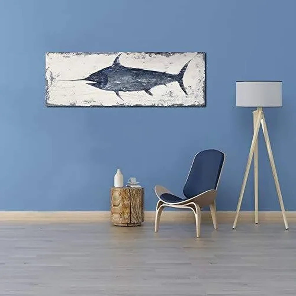 ALAYRA Indigo Blue Swordfish Canvas Wall Art Painting Pictures For Bathroom Decor (16Wx48L) 01 - Image 3