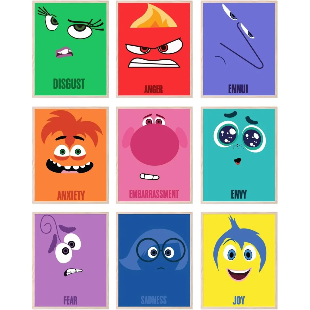 ALAYRA Inside Out Character Wall Art - Sadness, Joy, Fear, Envy, Anger, and Anxiety Posters, Classroom Decorations, Emotion Posters for classroom, Emotional Faces Art -Unframed Set of 9 (8x10) 01