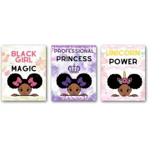 ALAYRA Inspirational Black Girl Wall Art, Little Black Girl Magic Princess Unicorn Power Canvas Art Prints, African Gir Motivational Quotes Wall Art for Kids Girls Room Decor, Set of 3-(8"x10" Unframe