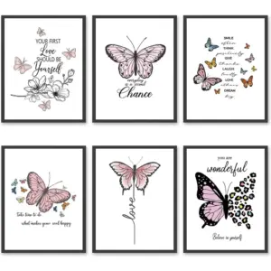 ALAYRA Inspirational Butterfly Wall Art Canvas Prints Motivational Positive Quotes Poster Pink Picture Wall Decor Gift for Women Girls Bedroom Living Room Home Office Set of 6 Unframed 8x10in 01