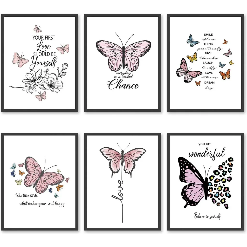 ALAYRA Inspirational Butterfly Wall Art Canvas Prints Motivational Positive Quotes Poster Pink Picture Wall Decor Gift for Women Girls Bedroom Living Room Home Office Set of 6 Unframed 8x10in 01