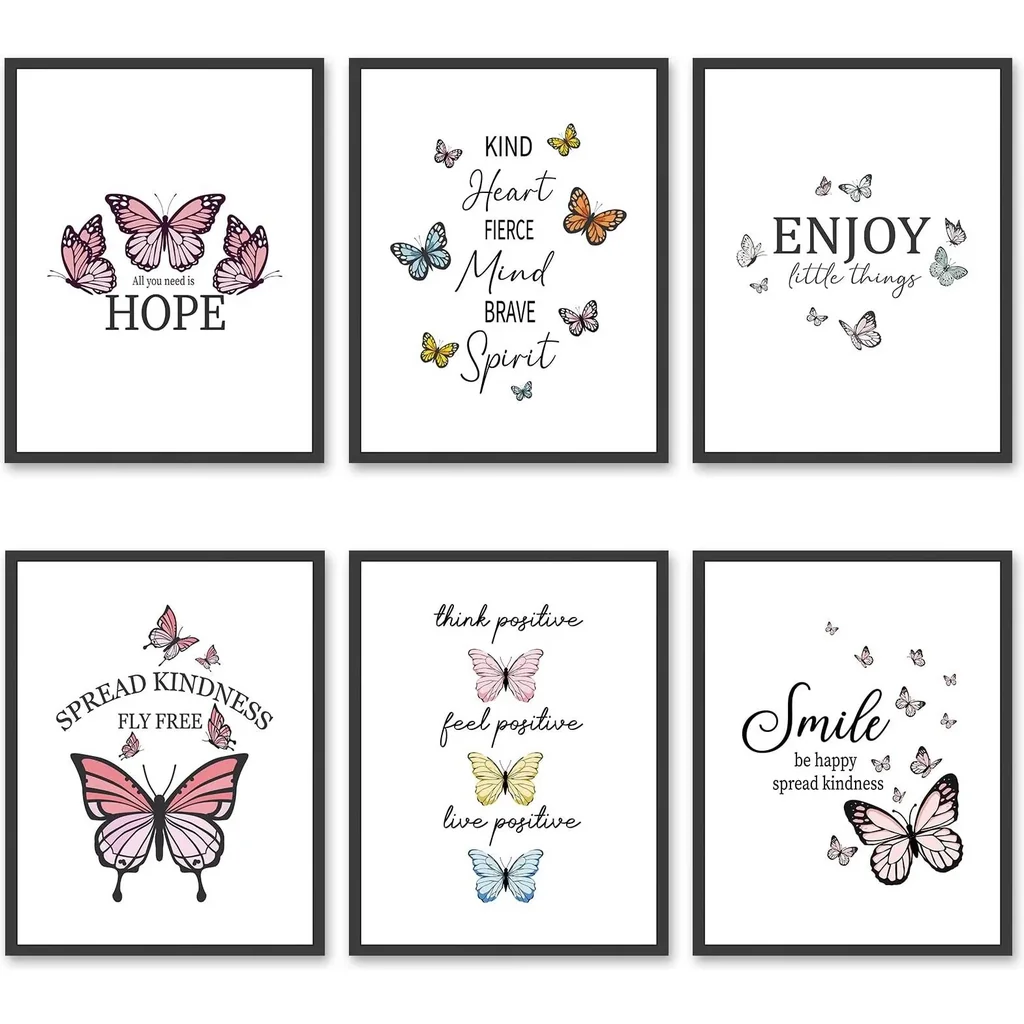 ALAYRA Inspirational Butterfly Wall Art Set of 6 Motivational Positive Quotes Canvas Prints - Vibrant Posters for Home Decor, Women Bedroom, Girls Room and Office Unframed 8x10in 01