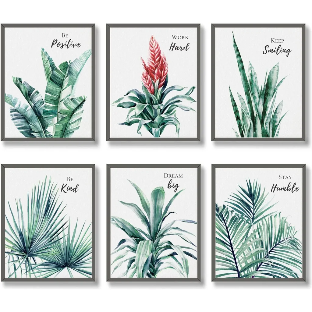 ALAYRA Inspirational Wall Art Print Set of 6 Tropical Botanical Leaves Wall Decor Plant Leaf Canvas Wall Art Set Pictures Motivational Wall Art Posters for Living Room (11"x14" UNFRAMED) 01