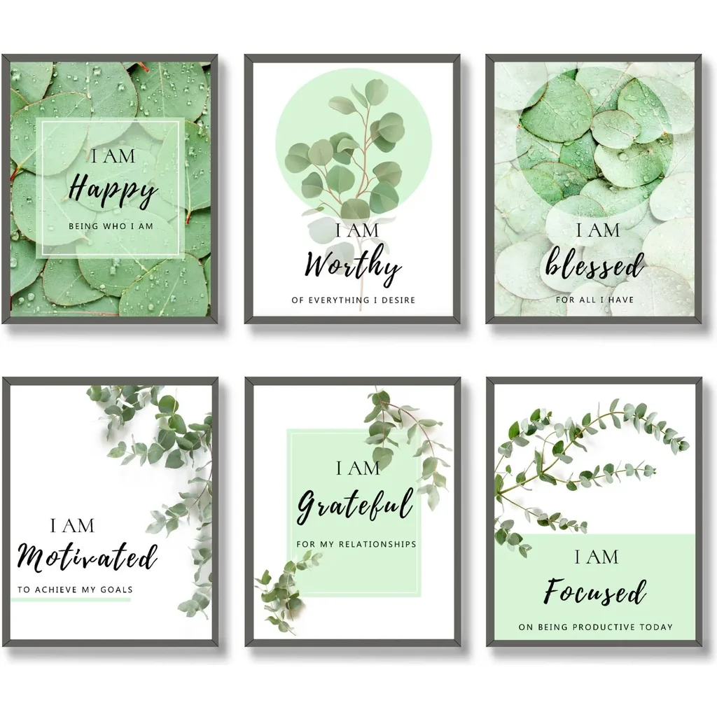 ALAYRA Inspirational Wall Art Print Set of 6 Tropical Botanical Leaves Wall Decor Sage Green Leaf Canvas Set Pictures Motivational Wall Art Posters for Living Room Bedroom Office (11"x14" UNFRAMED) 01