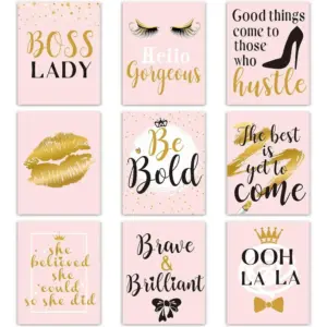 ALAYRA Inspirational Wall Decor, 9 Pieces Bedroom Decor for Women, Pink and Gold Makeup Lash Wall Art Poster, Motivational Quotes Fashion Prints for Women Bathroom Home Decor, 8 x 10 Inch, Unframed 01