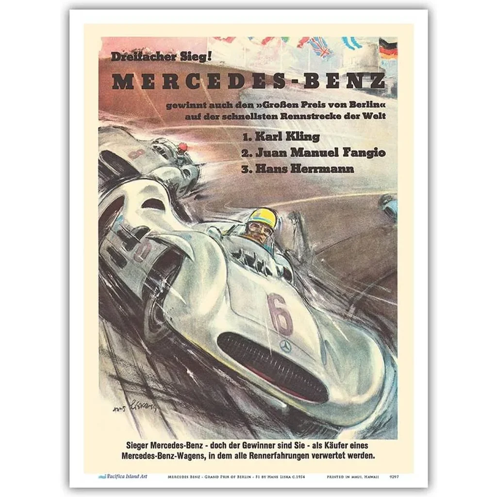 ALAYRA Island Art Mercedes Benz - Grand Prix of Berlin - Formula One Racing - Vintage Car Racing Poster by Hans Liska c.1954 - Master Print (Unframed) 9in x 12in 01