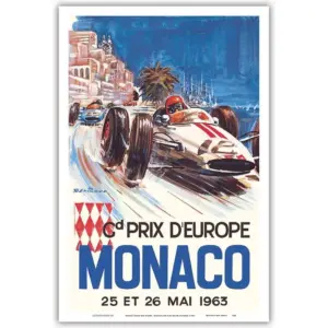ALAYRA Island Art Monaco Grand Prix Europe (Gd Prix DEurope) - Formula One F1 - Vintage Car Racing Poster by Michel Beligond c.1963 - Master Print (Unframed) 12in x 18in 01