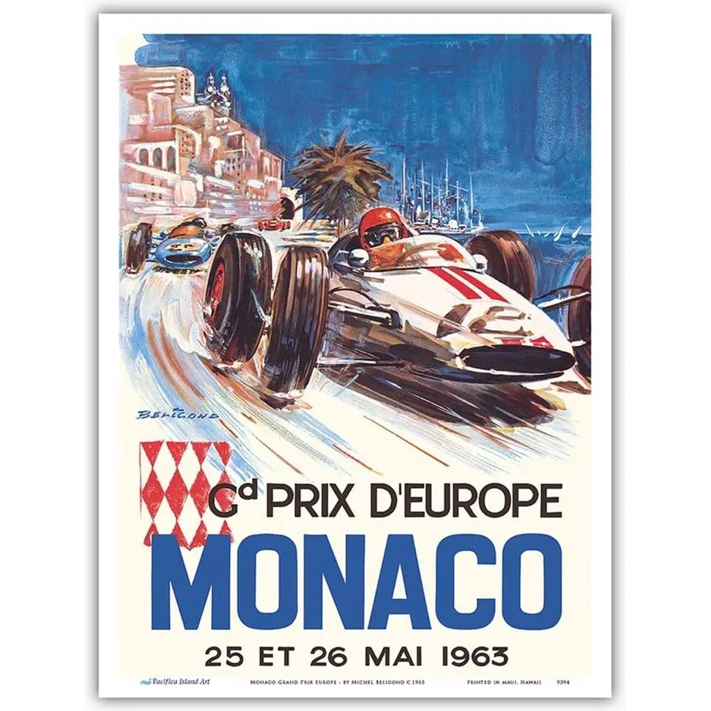 ALAYRA Island Art Monaco Grand Prix Europe (Gd Prix DEurope) - Formula One F1 - Vintage Car Racing Poster by Michel Beligond c.1963 - Master Print (Unframed) 9in x 12in 01