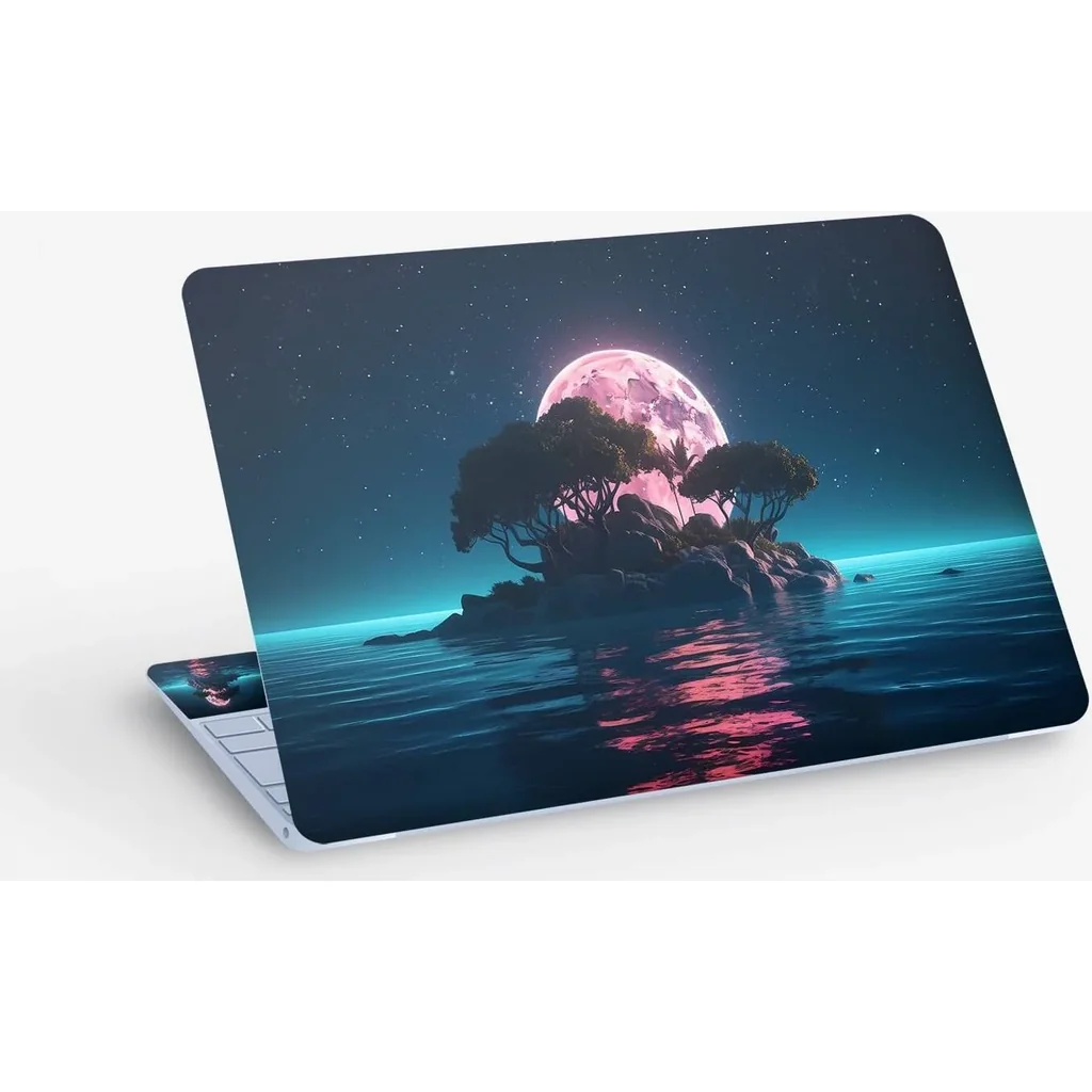 ALAYRA Island Night Moon Scenery Digital Art, Laptop Skin Sticker Decal, 13.3 14 15 15.4 15.6 Inch Laptop Universal Vinyl Skin Sticker Cover, Dustproof, Waterproof, Decal Protector With Free 2 Wrist P