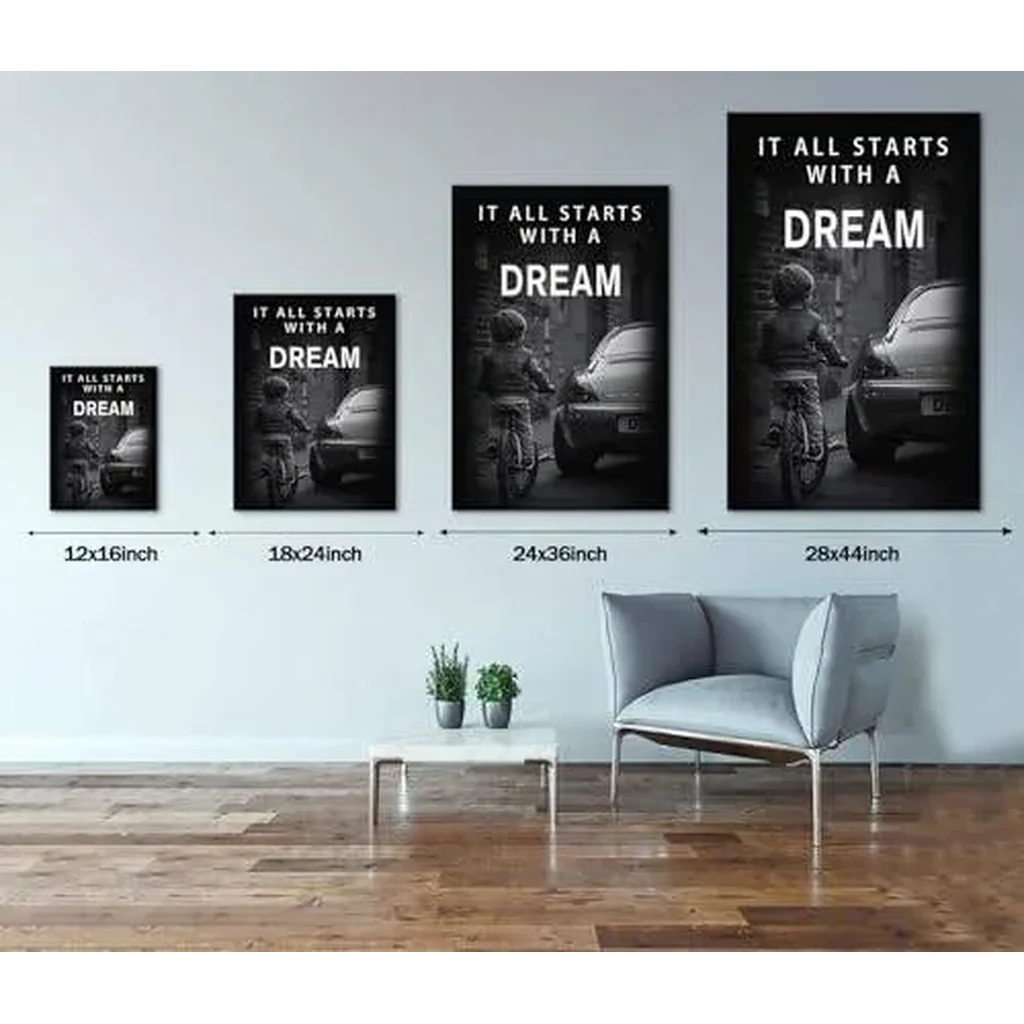 ALAYRA It All Starts with A Dream, Office Decor Wall Art Canvas Paintings Motivational Office Artwork Wall Decor Black and White Abstract Inspiring Office Home Decor Artwork Framed Easy to Put-18 inch - Image 3
