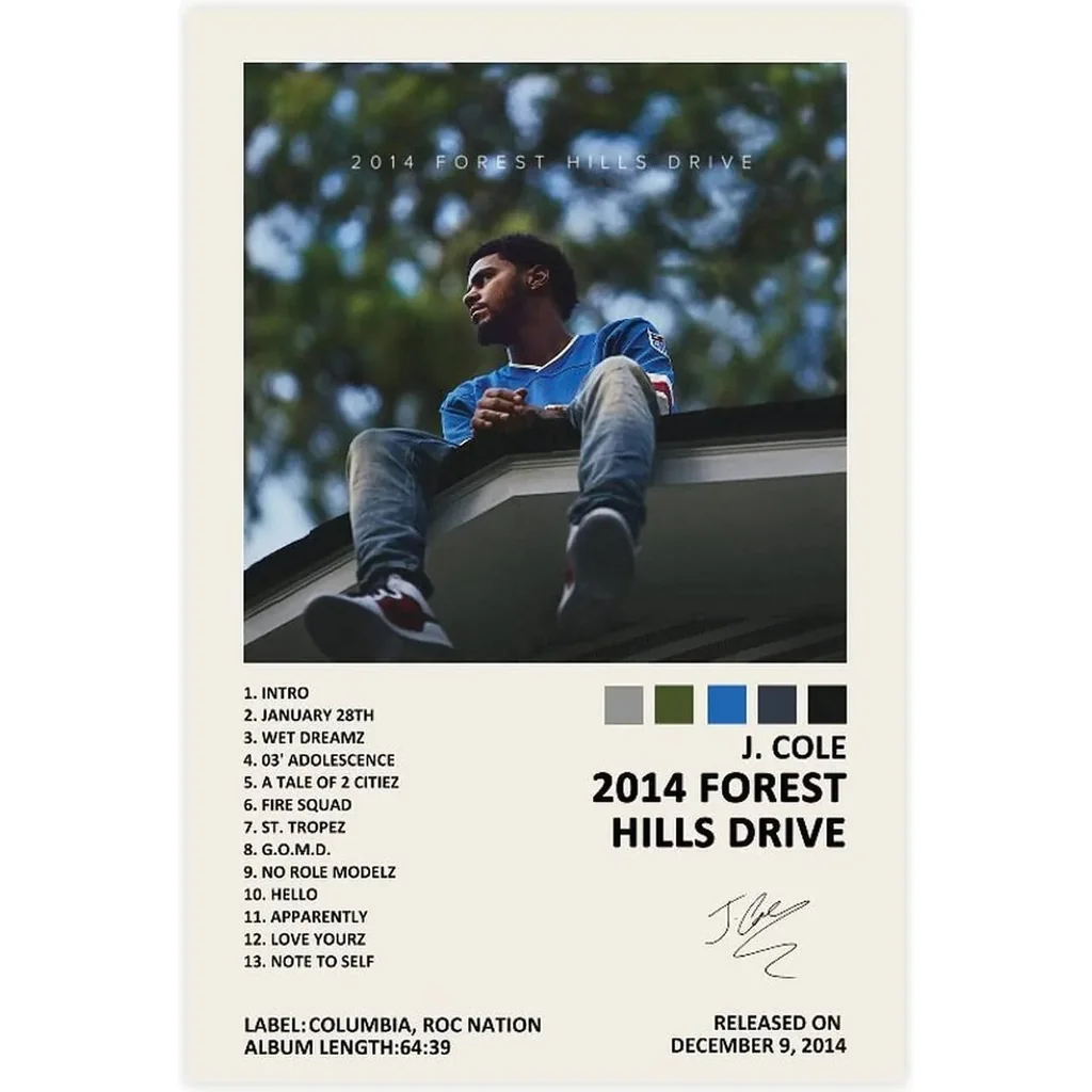 ALAYRA J Cole 2 014 Forest Hills Drive Music Album Cover Signed Limited Poster Canvas Poster Wall Art Decor Print Picture Paintings for Living Room Bedroom Decoration Unframe12x18inch(30x45cm) 01