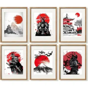 ALAYRA Japanese Art Wall Decor - Unframed 8x10 Set of 6, Modern Minimalist Asian Oriental Decor for Living Room, Samurai Armor Warriors Prints Posters for Bedroom, Japan Red White Art Office Gifts 01