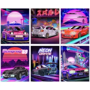 ALAYRA Japanese Car Wall Art Prints, Japan Sports Car Racing Art Posters, Street Car Canvas Art Painting for Living Room Boys Room Wall Decor, Set of 6 - (8"x10" Unframed) 01
