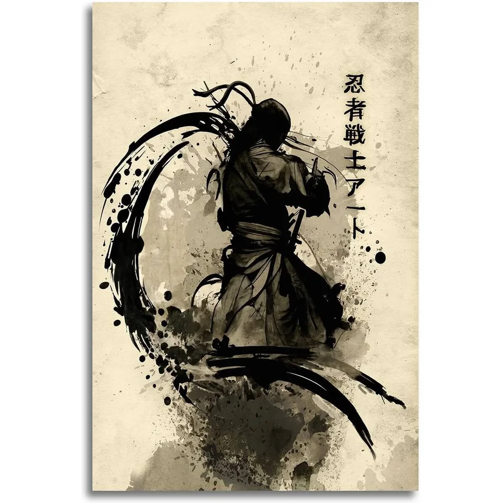ALAYRA Japanese Ink Bushido Posters Canvas Painting Vintage Print Wall Art Character Pictures Decoration Living Room Home Decor Unframed 12 x18 inches 01
