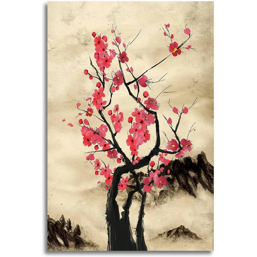 ALAYRA Japanese Ink HD Print Moon Wall Art Samurai Sakura Cherry Canvas Paintings Home Decor for Living Room Unframed 12x18 Inches 01