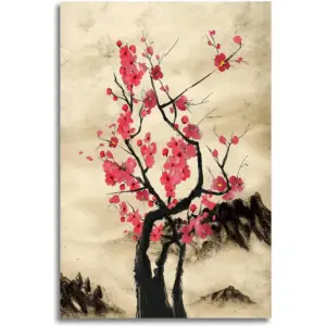 ALAYRA Japanese Ink HD Print Moon Wall Art Samurai Sakura Cherry Canvas Paintings Home Decor for Living Room Unframed 16x24 Inches 01