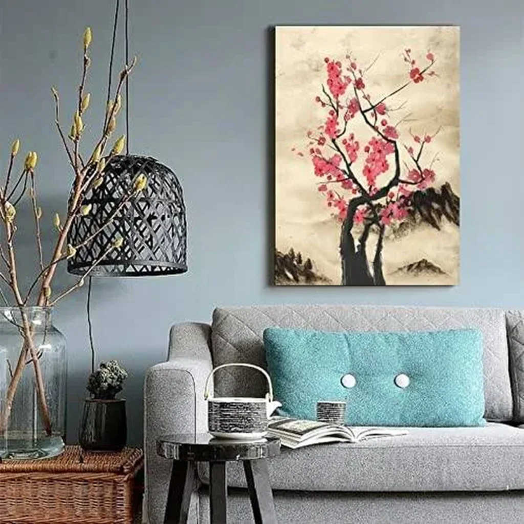 ALAYRA Japanese Ink HD Print Moon Wall Art Samurai Sakura Cherry Canvas Paintings Home Decor for Living Room Unframed 16x24 Inches 01 - Image 2