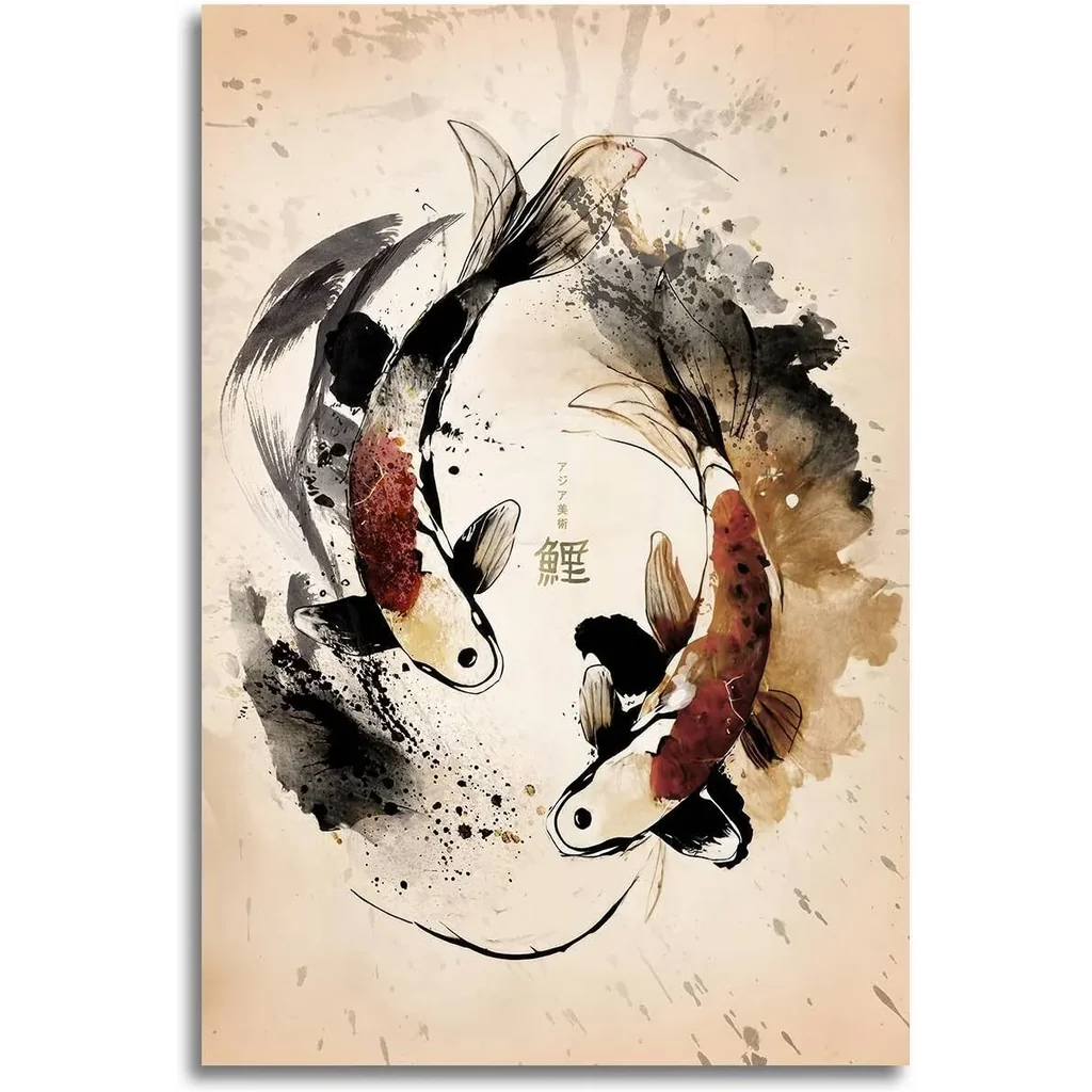 ALAYRA Japanese Retro Ink Painting Dancing Koi Fish Art Print Canvas Painting Home Decoration for Living Room Bedroom Unframed 16 x24 inches 01