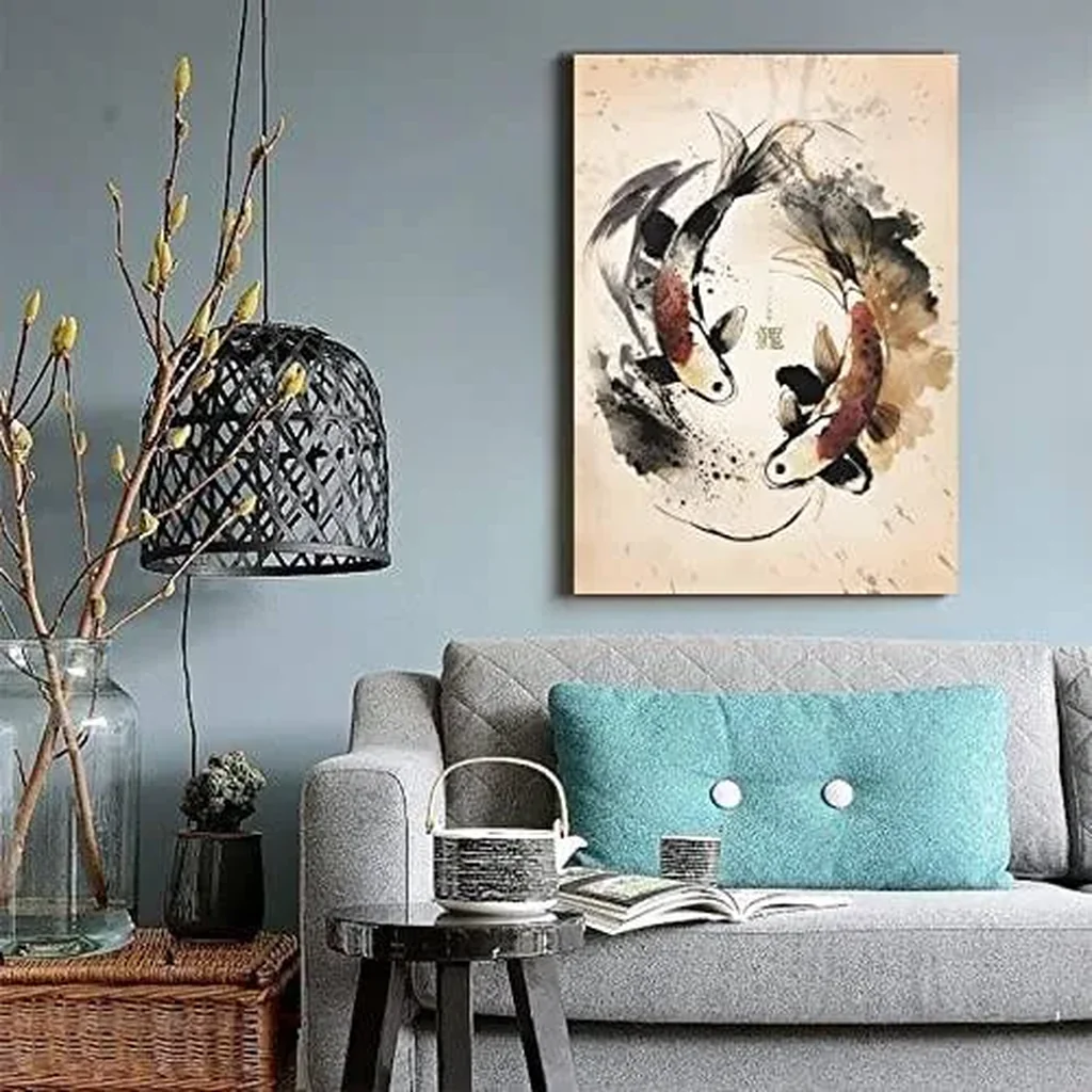 ALAYRA Japanese Retro Ink Painting Dancing Koi Fish Art Print Canvas Painting Home Decoration for Living Room Bedroom Unframed 16 x24 inches 01 - Image 2