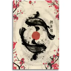 ALAYRA Japanese Retro Ink Painting Sakura Yin Yang Koi Fish Art Print Canvas Painting Home Decoration For Living Room Bedroom Unframed 12 x18 inches 01